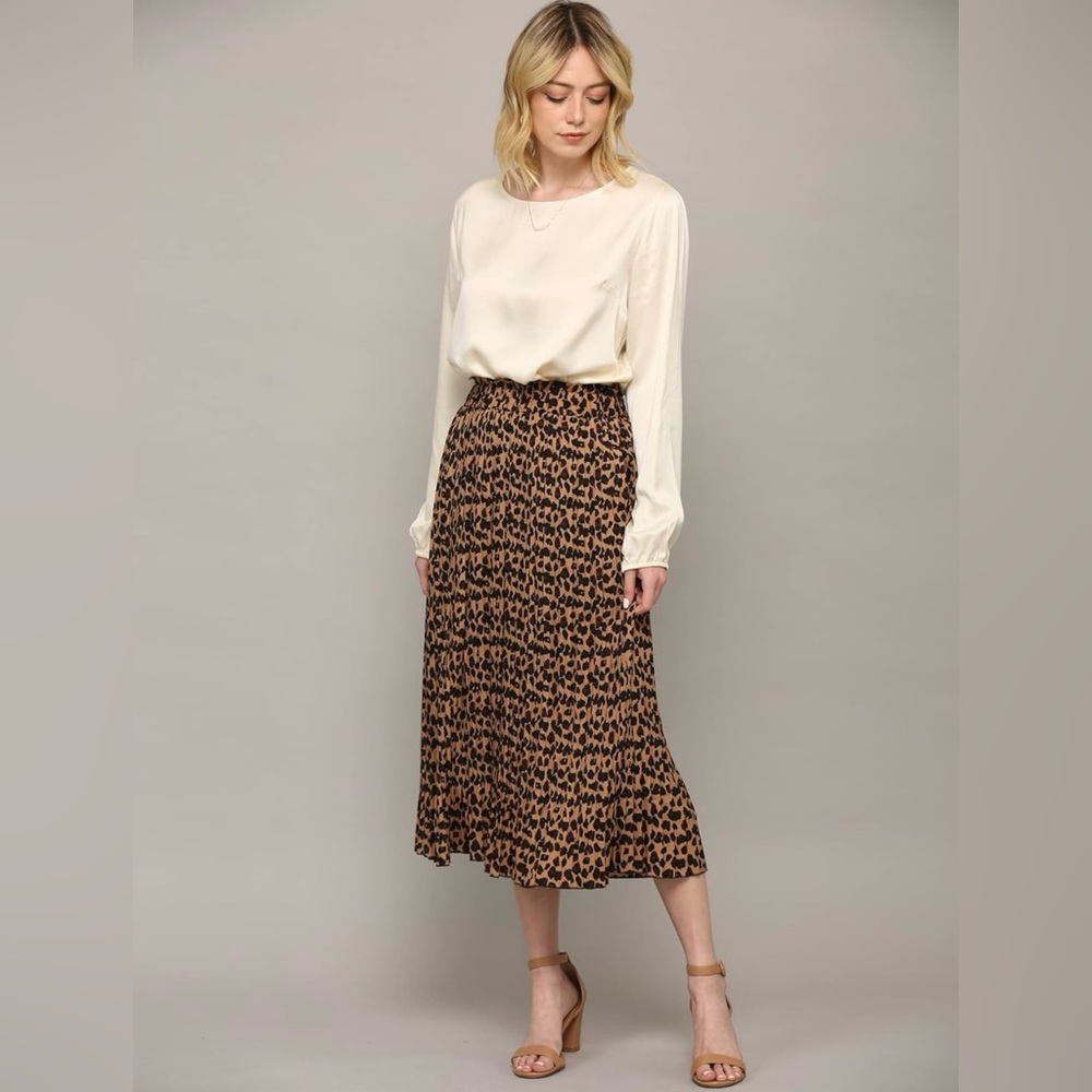 High Waist Polka Dot Pleated Midi Swing Skirt with Pockets -brown - Picture 4 of 6